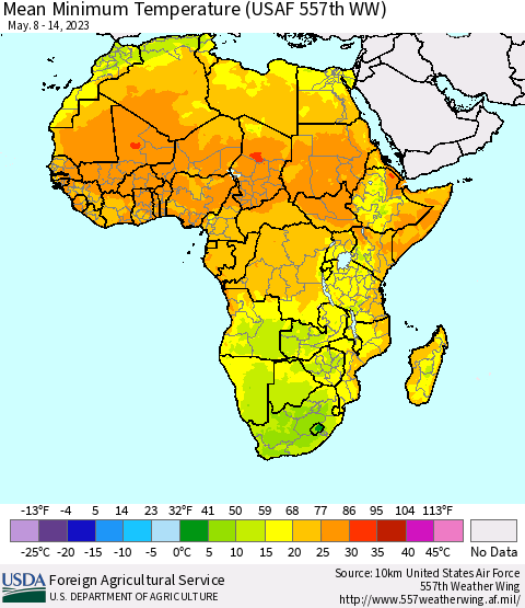 Africa Mean Minimum Temperature (USAF 557th WW) Thematic Map For 5/8/2023 - 5/14/2023