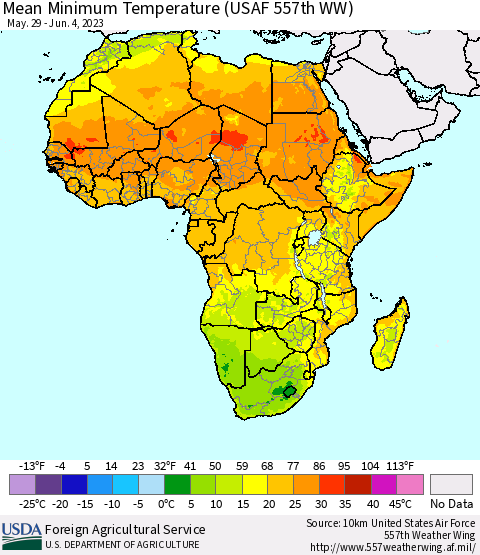 Africa Mean Minimum Temperature (USAF 557th WW) Thematic Map For 5/29/2023 - 6/4/2023