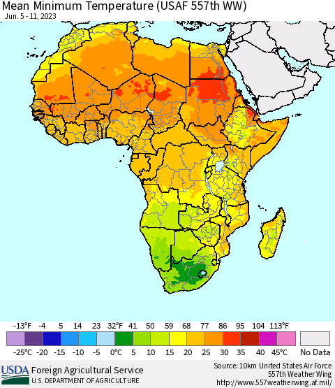 Africa Mean Minimum Temperature (USAF 557th WW) Thematic Map For 6/5/2023 - 6/11/2023