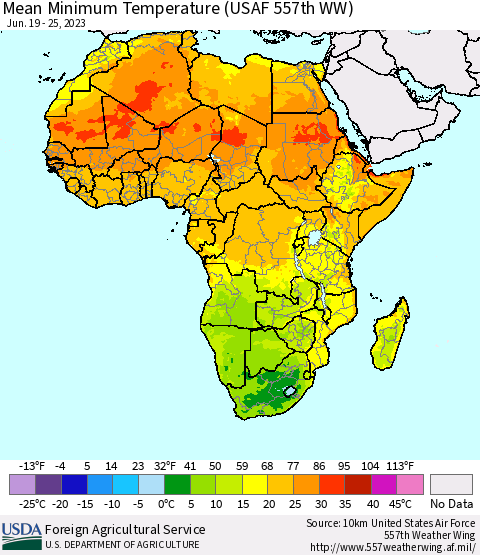 Africa Mean Minimum Temperature (USAF 557th WW) Thematic Map For 6/19/2023 - 6/25/2023