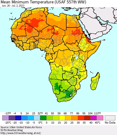 Africa Mean Minimum Temperature (USAF 557th WW) Thematic Map For 6/26/2023 - 7/2/2023