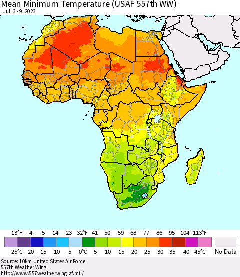 Africa Mean Minimum Temperature (USAF 557th WW) Thematic Map For 7/3/2023 - 7/9/2023