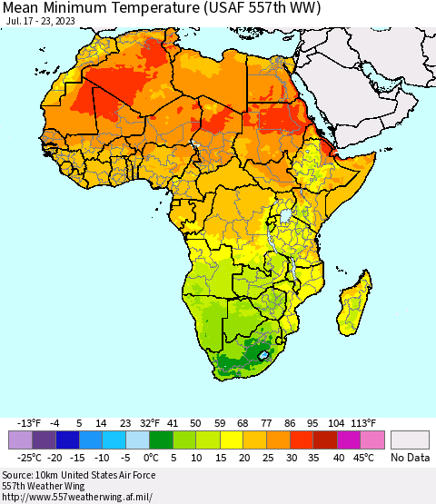 Africa Mean Minimum Temperature (USAF 557th WW) Thematic Map For 7/17/2023 - 7/23/2023