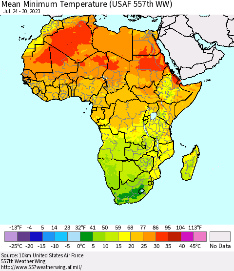 Africa Mean Minimum Temperature (USAF 557th WW) Thematic Map For 7/24/2023 - 7/30/2023