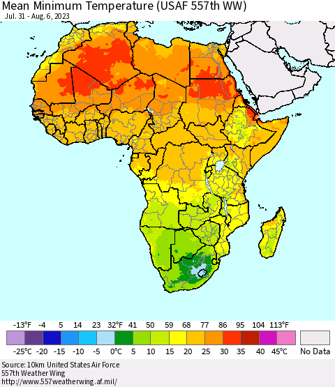 Africa Mean Minimum Temperature (USAF 557th WW) Thematic Map For 7/31/2023 - 8/6/2023