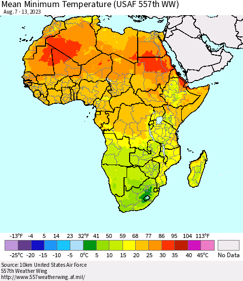 Africa Mean Minimum Temperature (USAF 557th WW) Thematic Map For 8/7/2023 - 8/13/2023