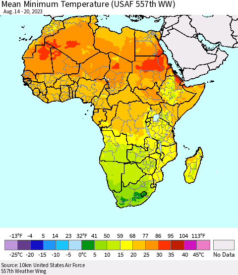Africa Mean Minimum Temperature (USAF 557th WW) Thematic Map For 8/14/2023 - 8/20/2023