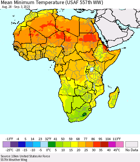 Africa Mean Minimum Temperature (USAF 557th WW) Thematic Map For 8/28/2023 - 9/3/2023