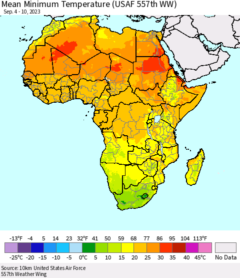 Africa Mean Minimum Temperature (USAF 557th WW) Thematic Map For 9/4/2023 - 9/10/2023
