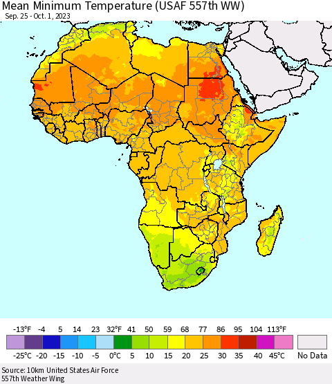 Africa Mean Minimum Temperature (USAF 557th WW) Thematic Map For 9/25/2023 - 10/1/2023