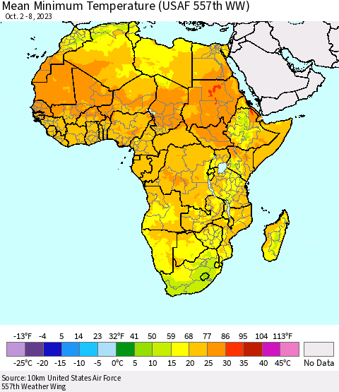 Africa Mean Minimum Temperature (USAF 557th WW) Thematic Map For 10/2/2023 - 10/8/2023