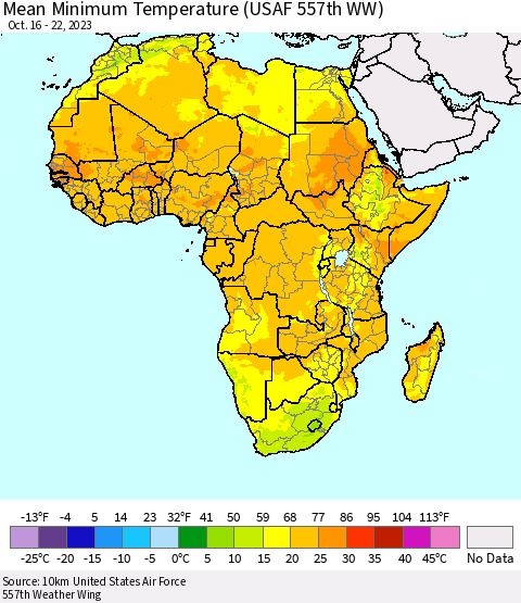 Africa Mean Minimum Temperature (USAF 557th WW) Thematic Map For 10/16/2023 - 10/22/2023