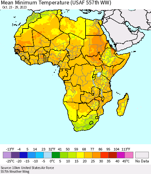 Africa Mean Minimum Temperature (USAF 557th WW) Thematic Map For 10/23/2023 - 10/29/2023