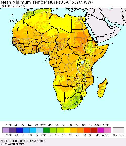 Africa Mean Minimum Temperature (USAF 557th WW) Thematic Map For 10/30/2023 - 11/5/2023