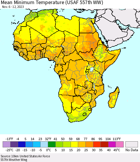 Africa Mean Minimum Temperature (USAF 557th WW) Thematic Map For 11/6/2023 - 11/12/2023