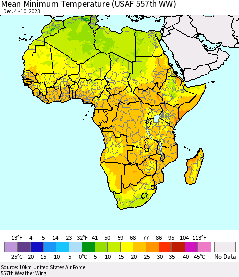 Africa Mean Minimum Temperature (USAF 557th WW) Thematic Map For 12/4/2023 - 12/10/2023