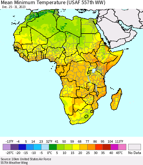 Africa Mean Minimum Temperature (USAF 557th WW) Thematic Map For 12/25/2023 - 12/31/2023
