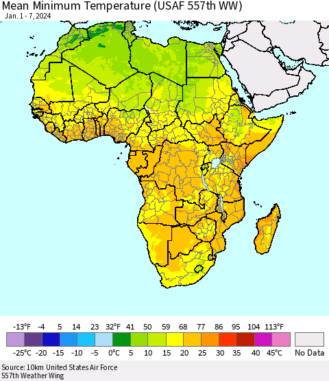 Africa Mean Minimum Temperature (USAF 557th WW) Thematic Map For 1/1/2024 - 1/7/2024