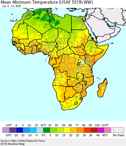Africa Mean Minimum Temperature (USAF 557th WW) Thematic Map For 1/8/2024 - 1/14/2024
