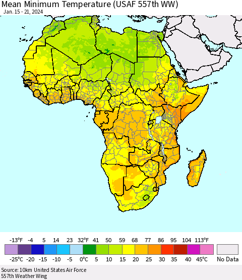 Africa Mean Minimum Temperature (USAF 557th WW) Thematic Map For 1/15/2024 - 1/21/2024