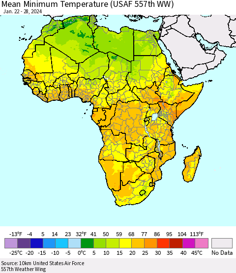 Africa Mean Minimum Temperature (USAF 557th WW) Thematic Map For 1/22/2024 - 1/28/2024