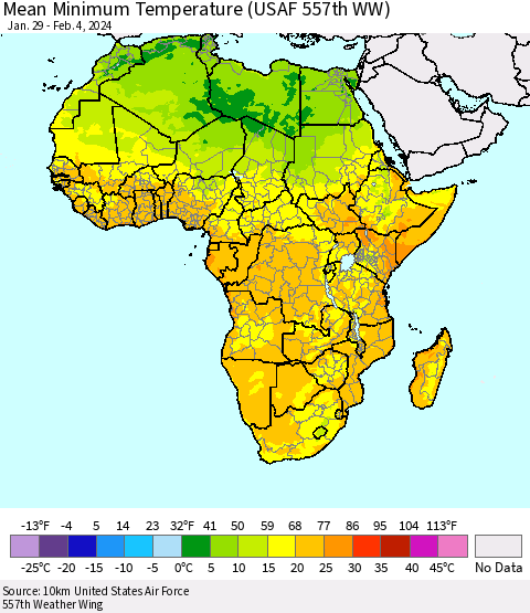 Africa Mean Minimum Temperature (USAF 557th WW) Thematic Map For 1/29/2024 - 2/4/2024