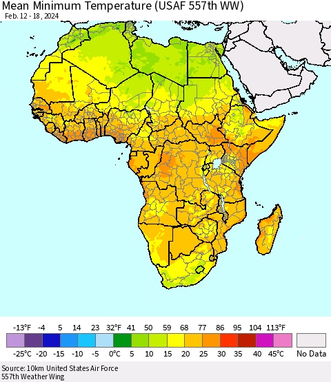 Africa Mean Minimum Temperature (USAF 557th WW) Thematic Map For 2/12/2024 - 2/18/2024
