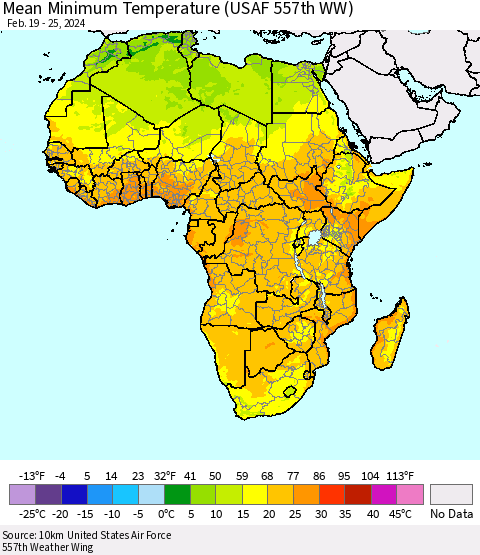 Africa Mean Minimum Temperature (USAF 557th WW) Thematic Map For 2/19/2024 - 2/25/2024