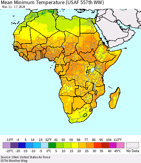 Africa Mean Minimum Temperature (USAF 557th WW) Thematic Map For 3/11/2024 - 3/17/2024