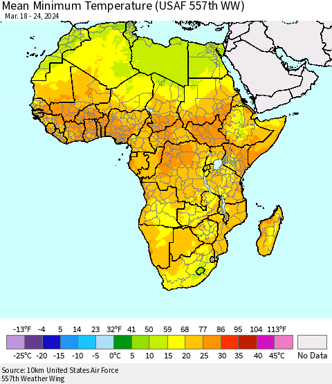 Africa Mean Minimum Temperature (USAF 557th WW) Thematic Map For 3/18/2024 - 3/24/2024