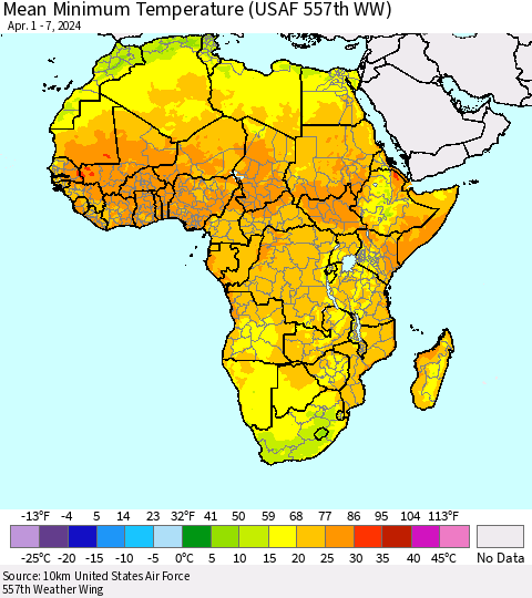 Africa Mean Minimum Temperature (USAF 557th WW) Thematic Map For 4/1/2024 - 4/7/2024