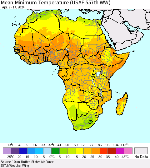 Africa Mean Minimum Temperature (USAF 557th WW) Thematic Map For 4/8/2024 - 4/14/2024