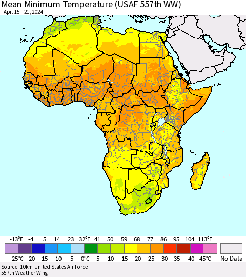 Africa Mean Minimum Temperature (USAF 557th WW) Thematic Map For 4/15/2024 - 4/21/2024
