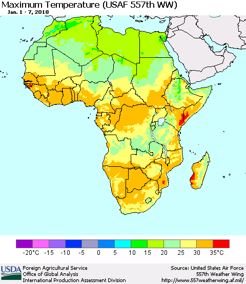 Africa Mean Maximum Temperature (USAF 557th WW) Thematic Map For 1/1/2018 - 1/7/2018