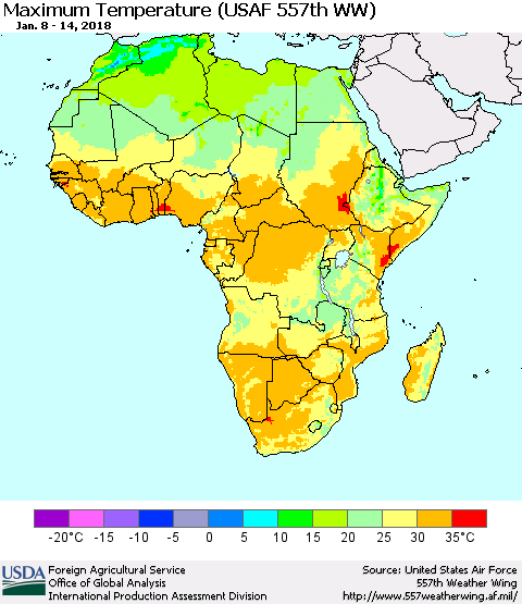 Africa Mean Maximum Temperature (USAF 557th WW) Thematic Map For 1/8/2018 - 1/14/2018