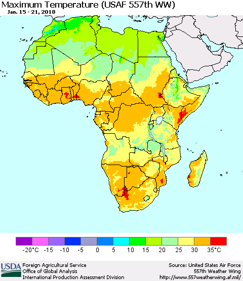 Africa Mean Maximum Temperature (USAF 557th WW) Thematic Map For 1/15/2018 - 1/21/2018