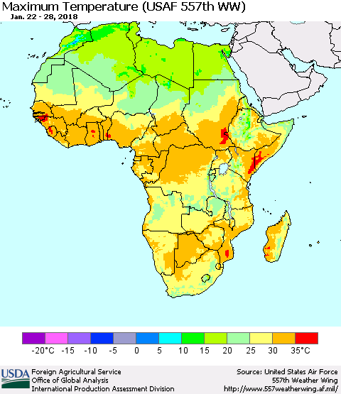 Africa Mean Maximum Temperature (USAF 557th WW) Thematic Map For 1/22/2018 - 1/28/2018