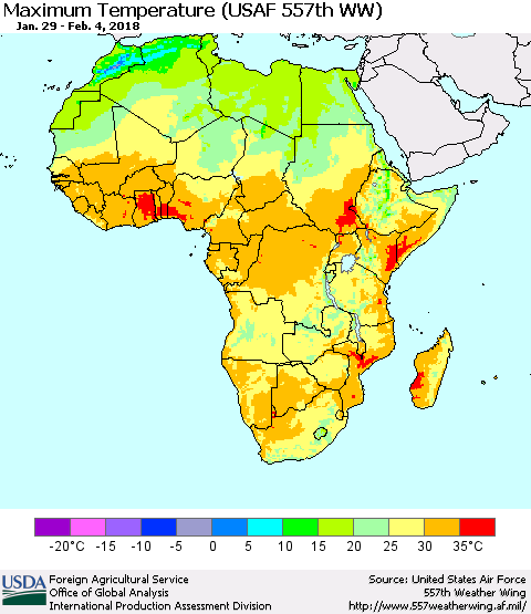 Africa Mean Maximum Temperature (USAF 557th WW) Thematic Map For 1/29/2018 - 2/4/2018