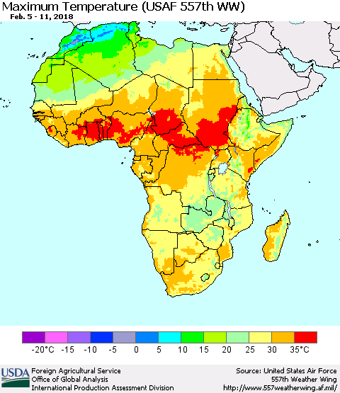 Africa Mean Maximum Temperature (USAF 557th WW) Thematic Map For 2/5/2018 - 2/11/2018