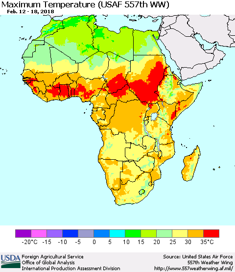 Africa Mean Maximum Temperature (USAF 557th WW) Thematic Map For 2/12/2018 - 2/18/2018
