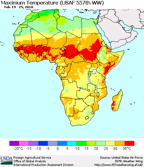 Africa Mean Maximum Temperature (USAF 557th WW) Thematic Map For 2/19/2018 - 2/25/2018