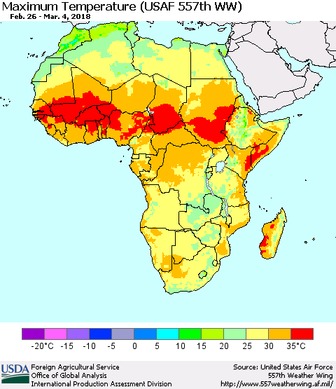 Africa Mean Maximum Temperature (USAF 557th WW) Thematic Map For 2/26/2018 - 3/4/2018