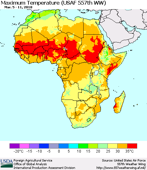 Africa Mean Maximum Temperature (USAF 557th WW) Thematic Map For 3/5/2018 - 3/11/2018