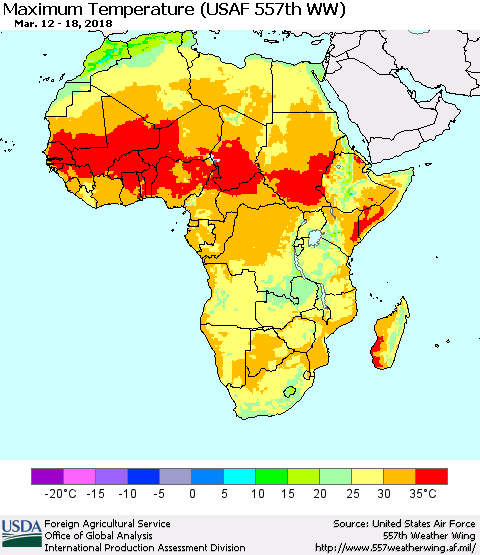 Africa Mean Maximum Temperature (USAF 557th WW) Thematic Map For 3/12/2018 - 3/18/2018