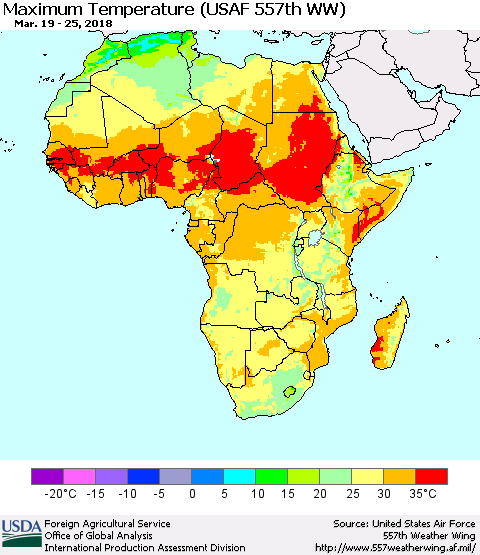 Africa Mean Maximum Temperature (USAF 557th WW) Thematic Map For 3/19/2018 - 3/25/2018