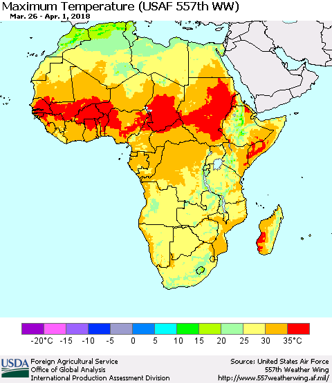 Africa Mean Maximum Temperature (USAF 557th WW) Thematic Map For 3/26/2018 - 4/1/2018