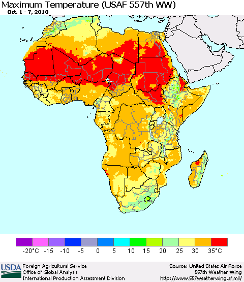 Africa Mean Maximum Temperature (USAF 557th WW) Thematic Map For 10/1/2018 - 10/7/2018