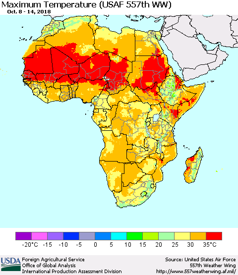 Africa Mean Maximum Temperature (USAF 557th WW) Thematic Map For 10/8/2018 - 10/14/2018