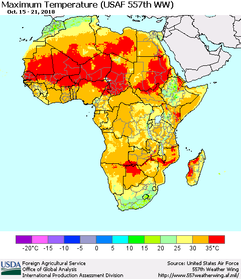 Africa Mean Maximum Temperature (USAF 557th WW) Thematic Map For 10/15/2018 - 10/21/2018