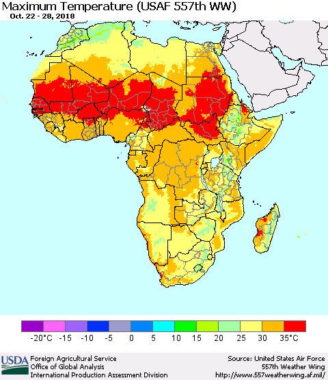 Africa Mean Maximum Temperature (USAF 557th WW) Thematic Map For 10/22/2018 - 10/28/2018